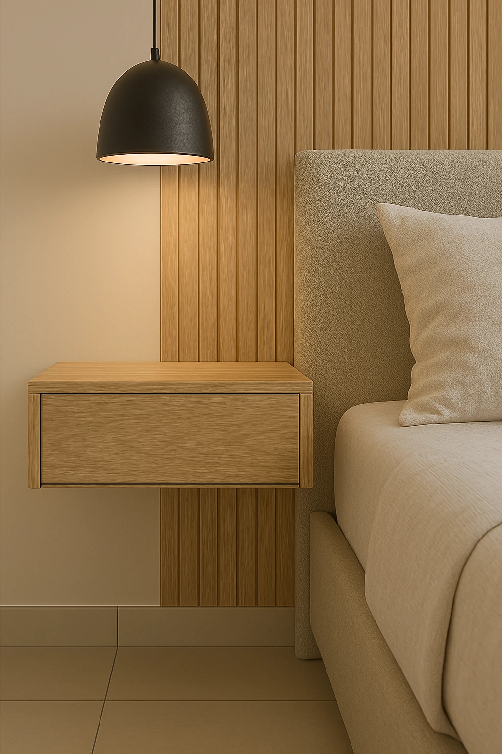 Quarto pequeno com mesa de cabeceira suspensa de uma porta na cor marfim