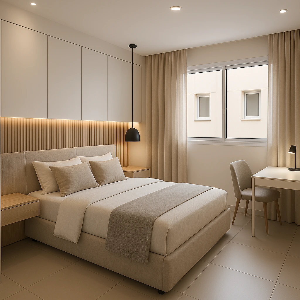 Quarto pequeno com paredes e roupa de cama em tons neutros como bege e branco