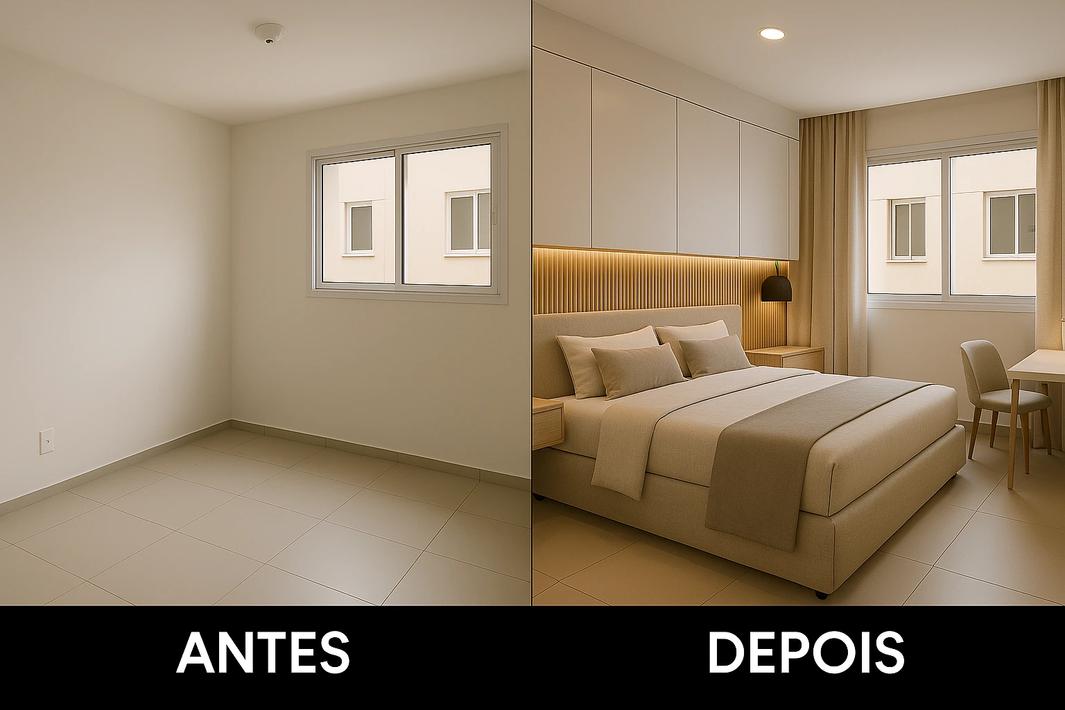 Quarto pequeno com iluminação suave de um pendente e um abajur na mesa de trabalho