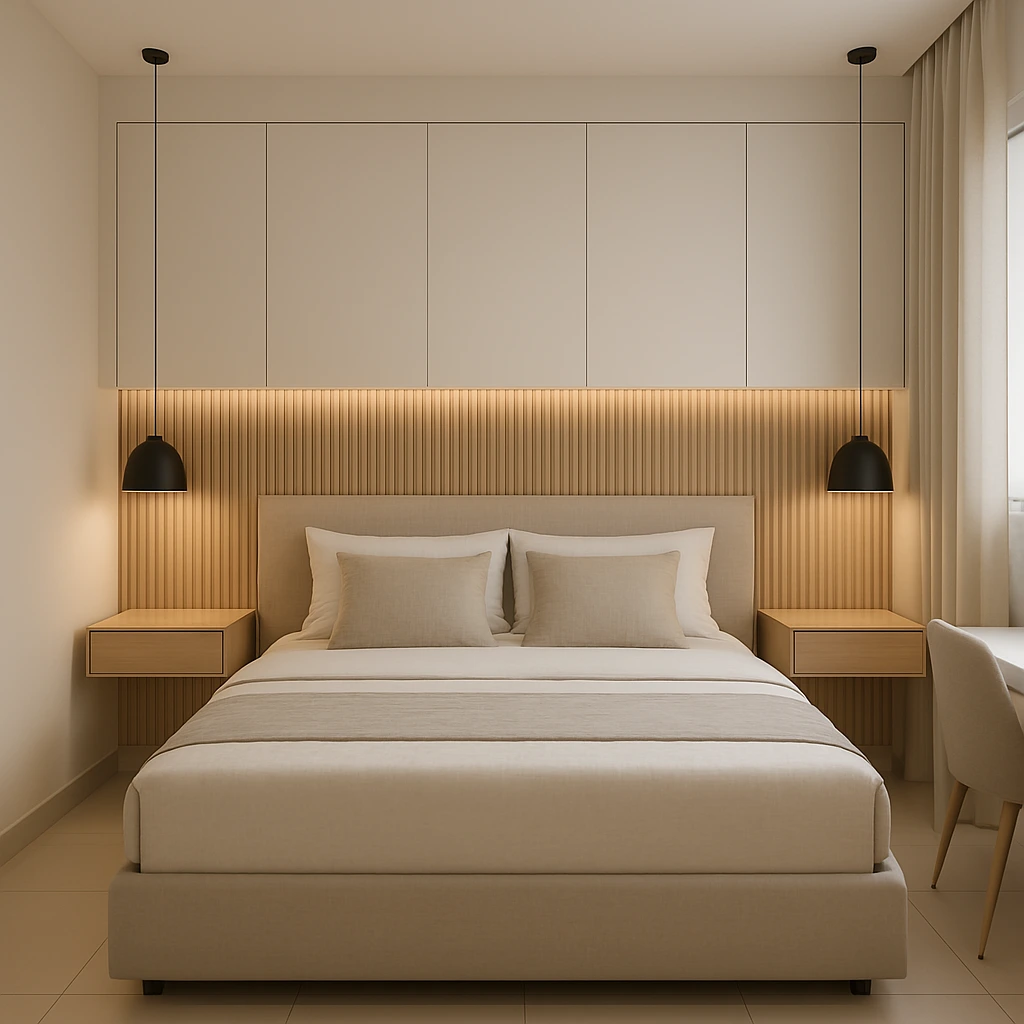 Quarto pequeno com cama de casal box na cor marfim e cabeceira estofada