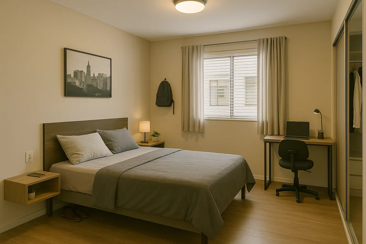 Quarto moderno com paredes bege, roupa de cama verde musgo e detalhes em madeira