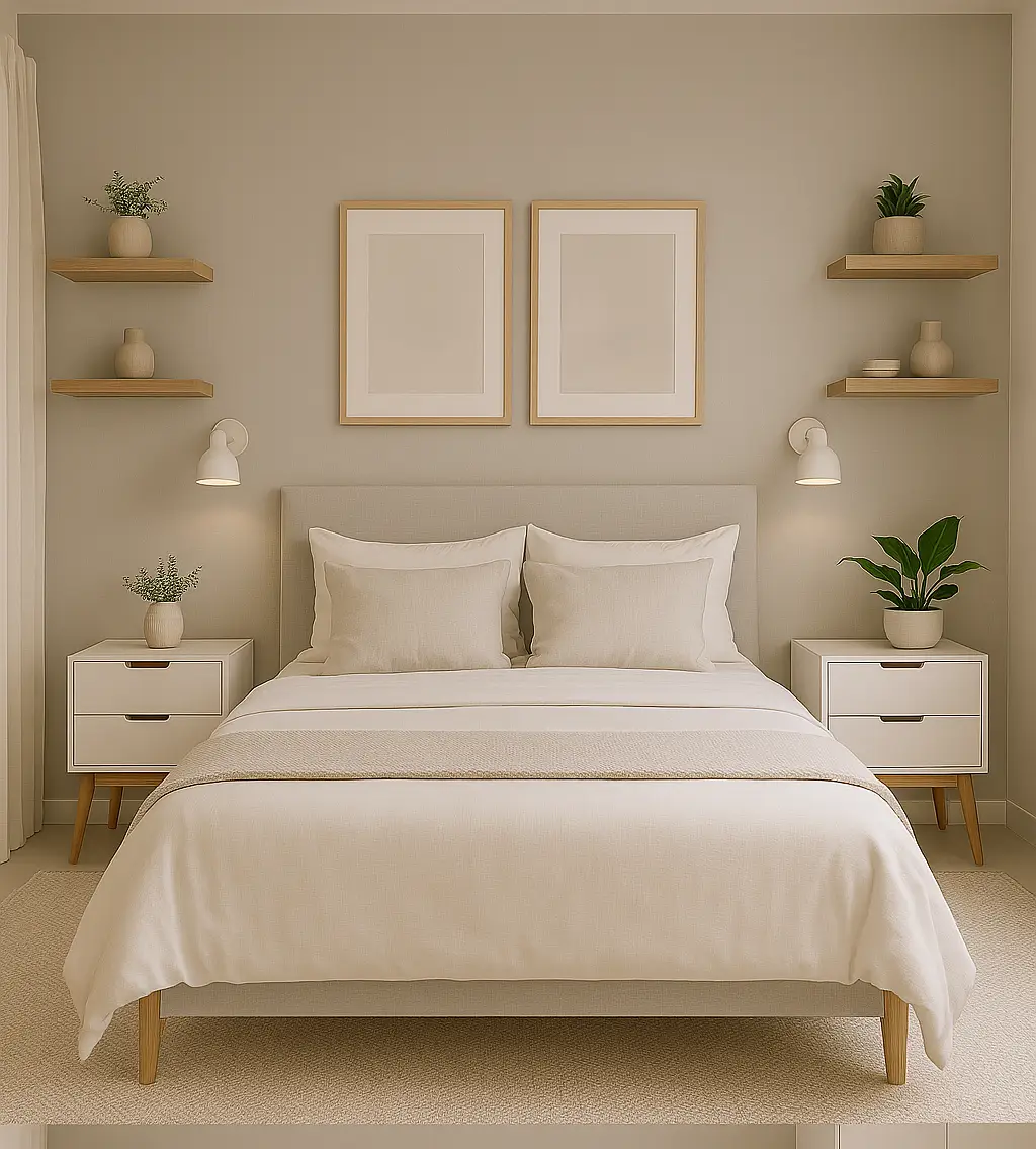 Quarto escandinavo com paredes brancas, cama de casal e detalhes em madeira clara