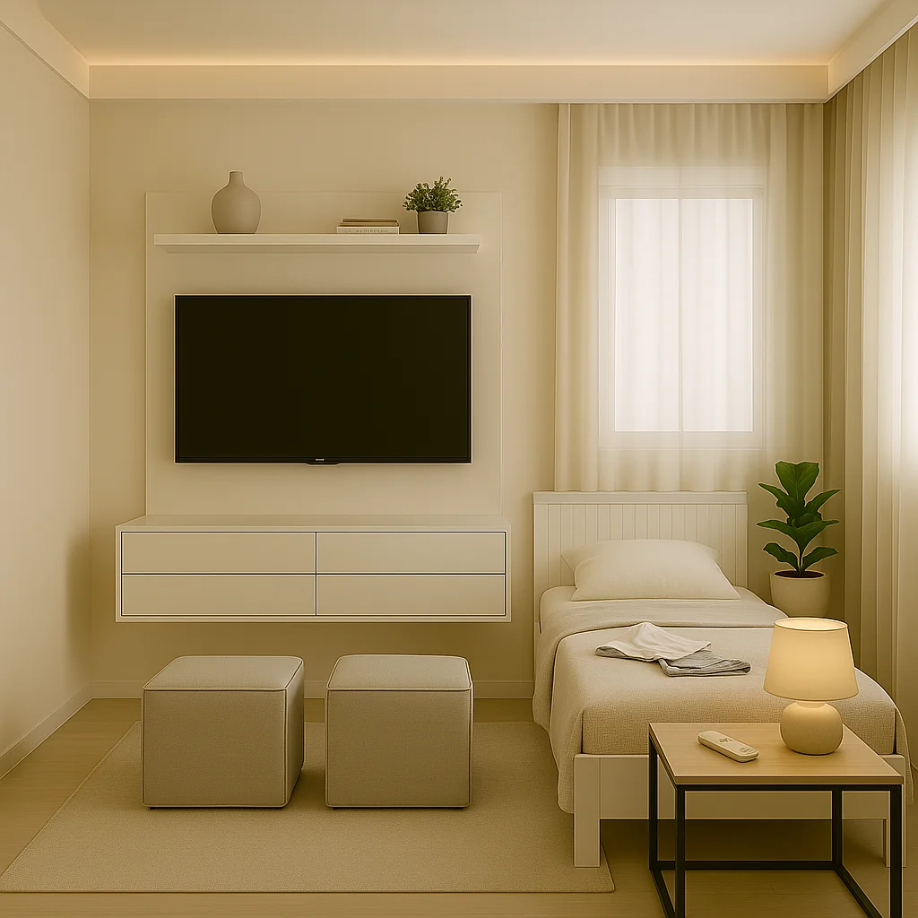 quarto off-white minimalista, cama de solteiro e televisão no painel branco na parede e puff no chão