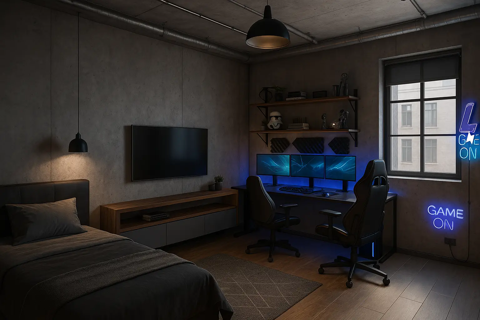 Quarto gamer com paredes cinza, detalhes em preto, iluminação neon e setup de jogos
