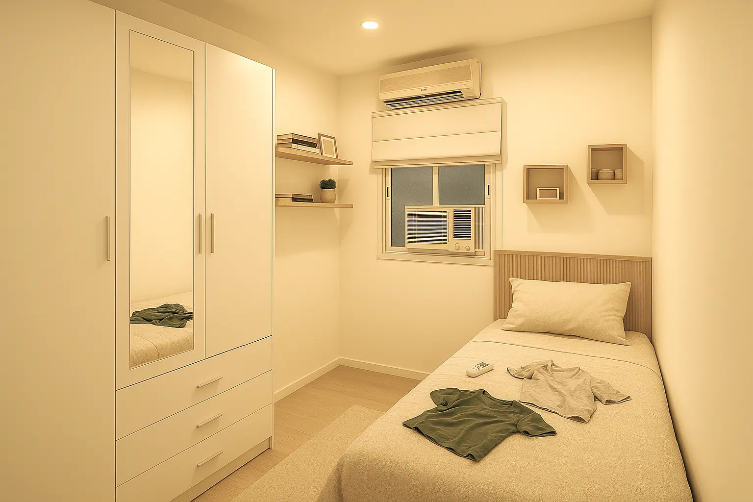 Quarto pequeno com cama de solteiro, guarda-roupa, persiana romana e iluminação quente aconchegante