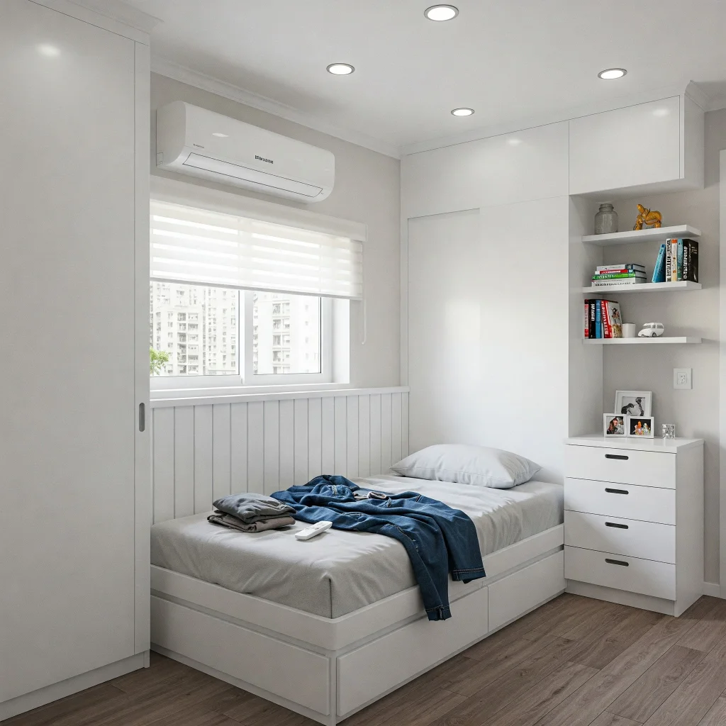 Quarto de solteiro branco com móveis planejados, nichos e prateleiras organizadas com livros e objetos decorativos