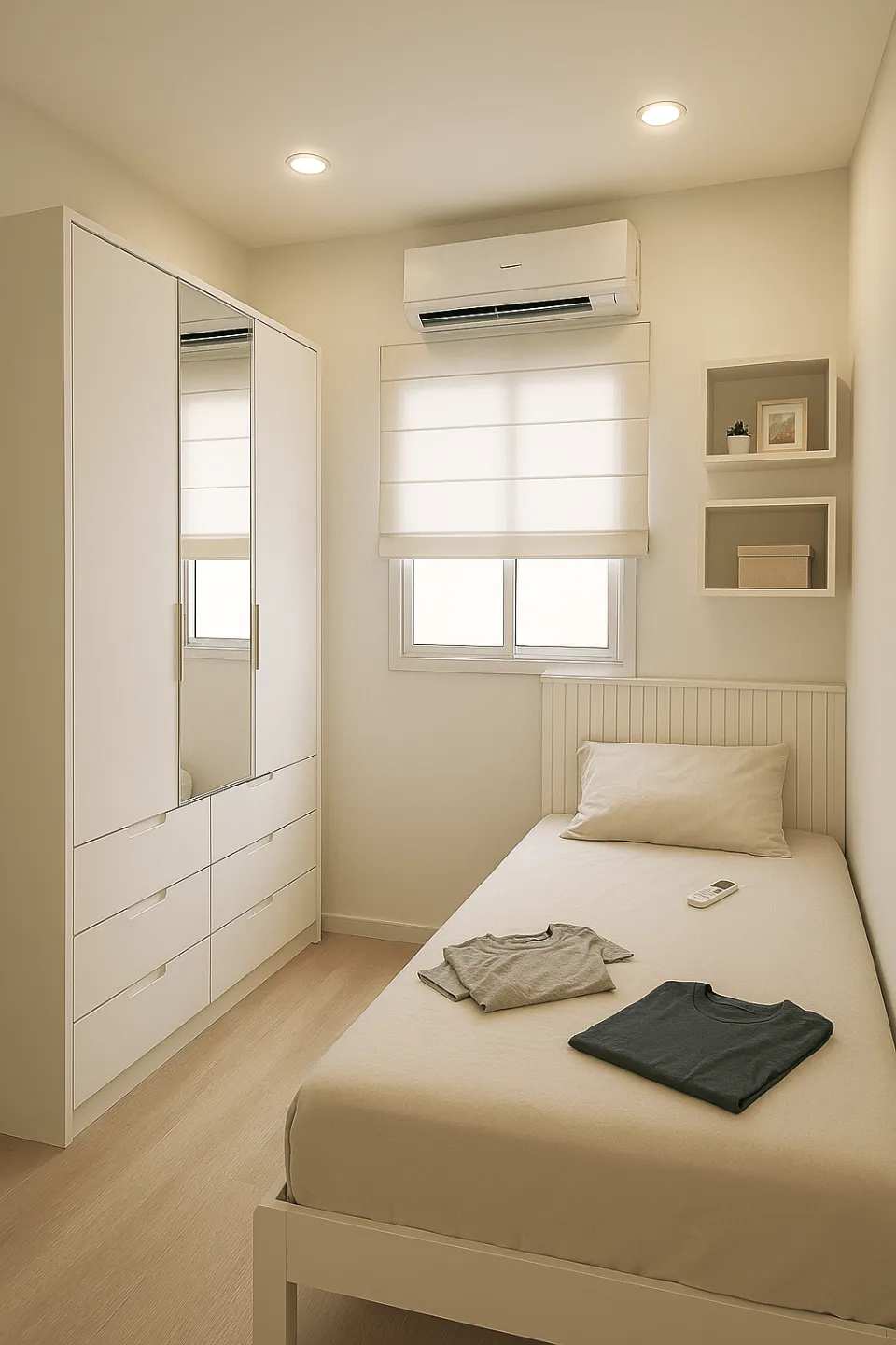 Quarto de solteiro pequeno com cores claras, cama no canto, guarda-roupa com espelho e janela com persiana e iluminação elegante