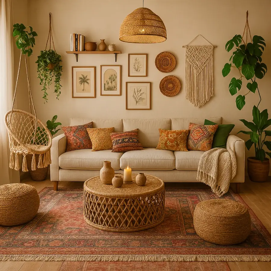 Sala de estar com estilo boho com objetos de decoração feito de palhas, quadros e plantas pendentes