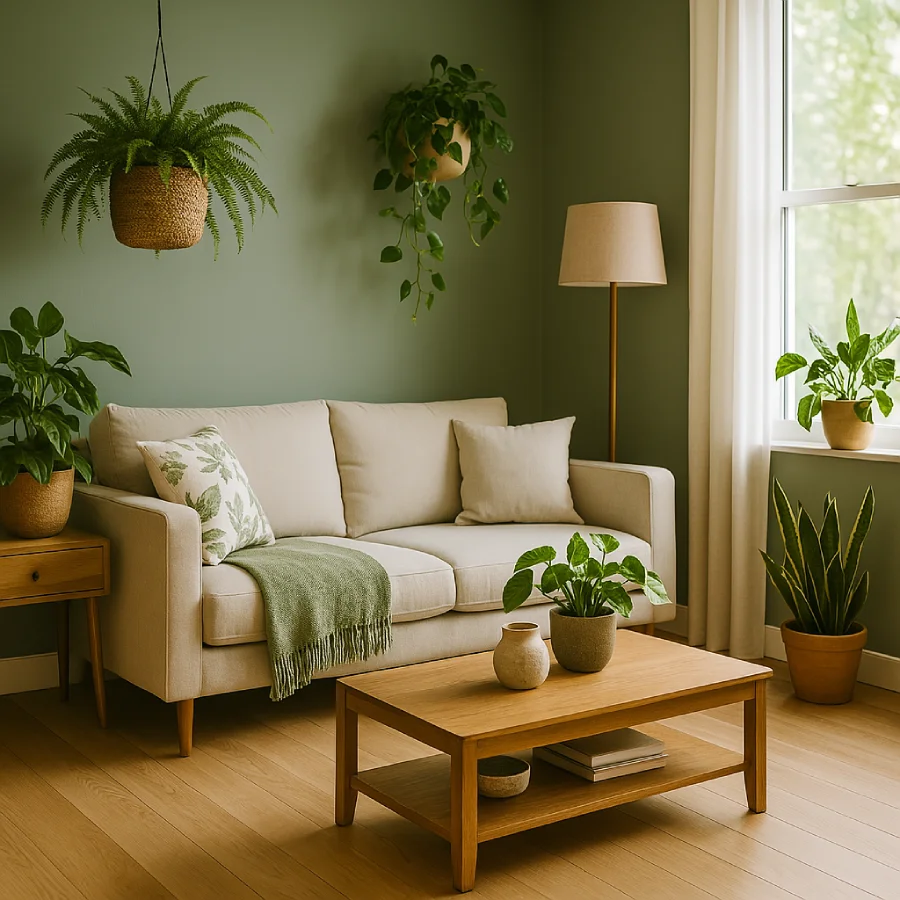 Sala de estar com decoração tropical de parede pintada de verde combinando com decoração de plantas e almofadas estampadas