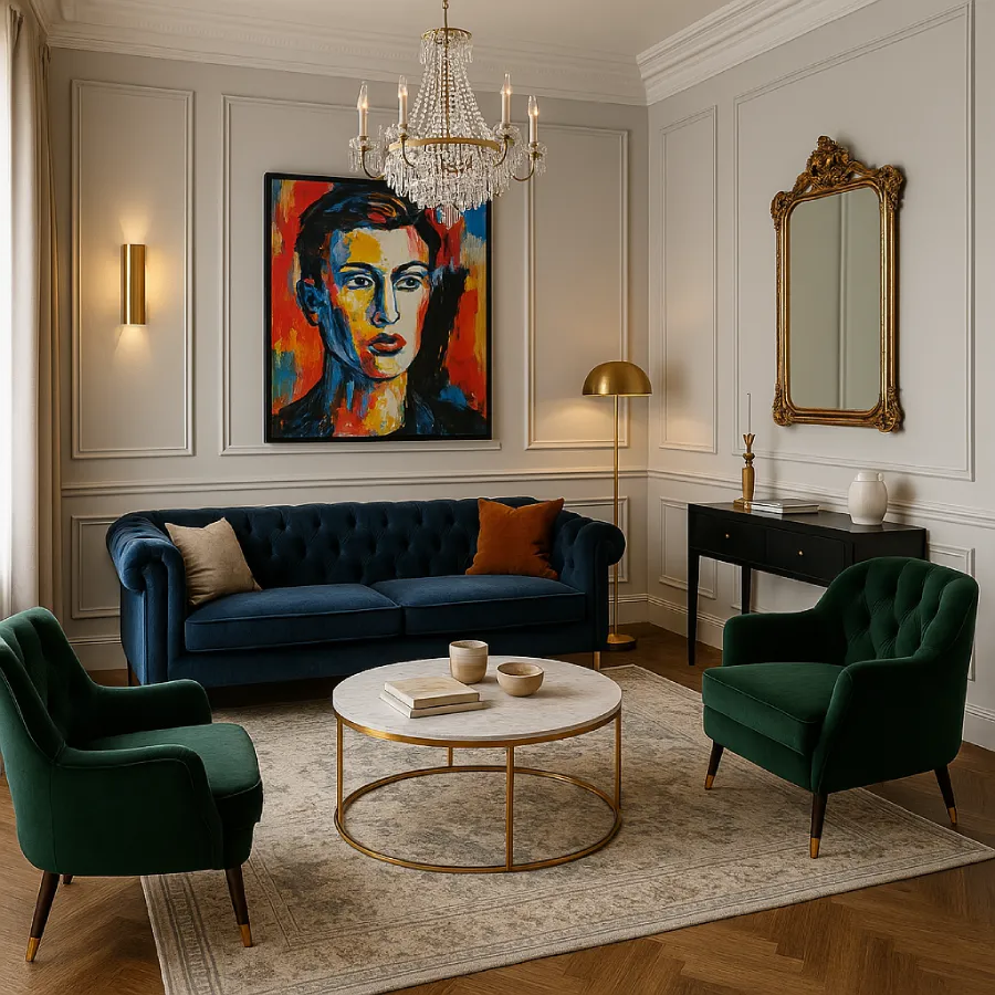 Sala de estar com poltronas e sofás em suede, boiséries e espelho retrô, decoração clássica com toque moderno
