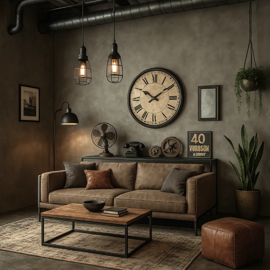 Sala de estar com decoração industrial com paredes escuras e objetos rústicos