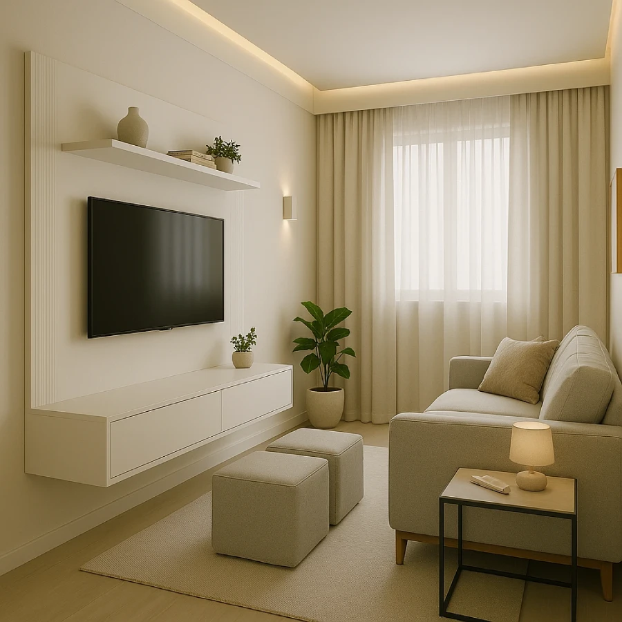 Sala de estar minimalista com painel de tv suspenso, sofá de linho e puffs