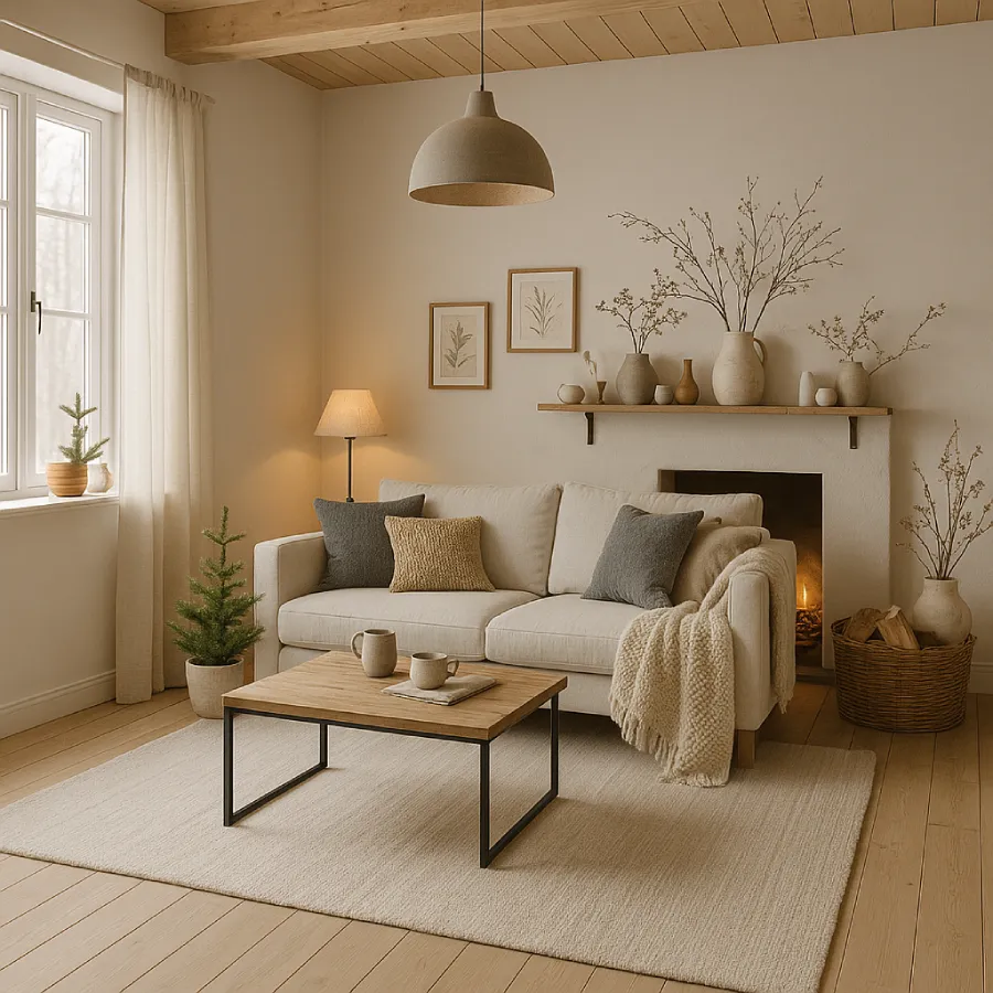 Sala estilo escandinavo com móveis modernos, iluminação suave e decoração minimalista.